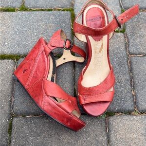 FRYE Red Leather Wedge Sandals